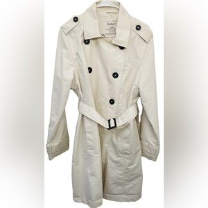 LL Bean Trench Coat Topcoat Beige Belted Double Breast Womens Large Excellent